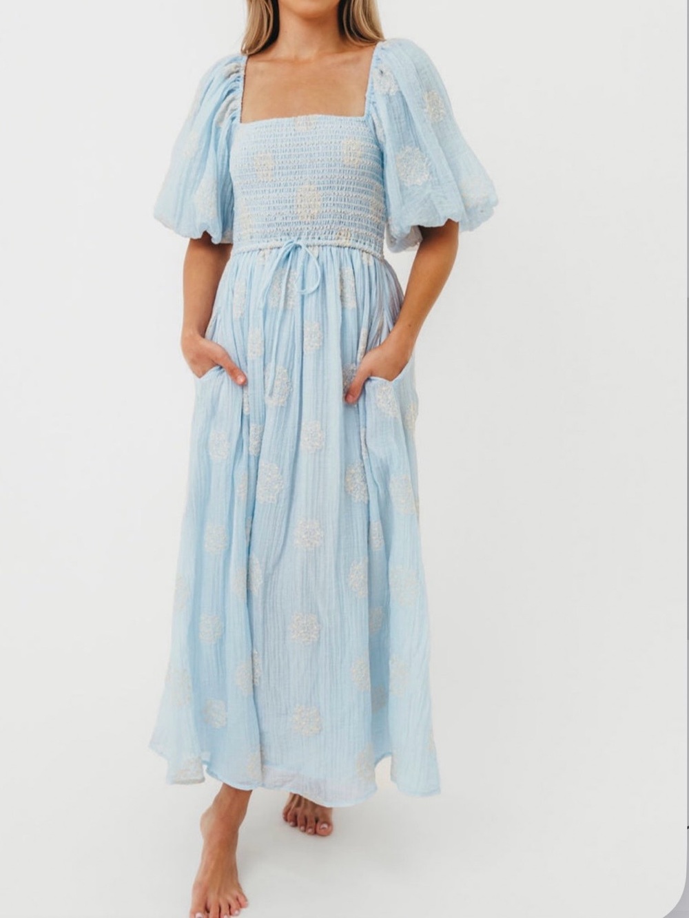 Worth collective Light Blue Puff Sleeve Smocked Midi Dress with White Embroidery